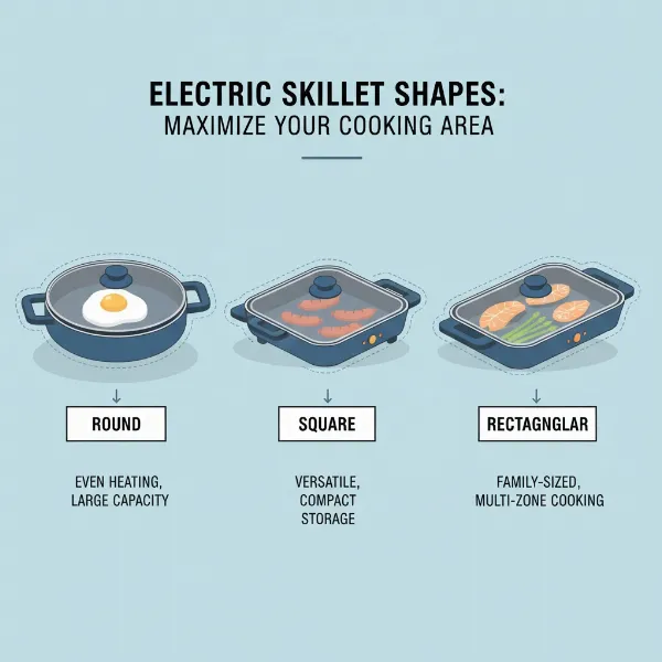 Various shapes of electric skillets including round, square, and rectangular models side-by-side.