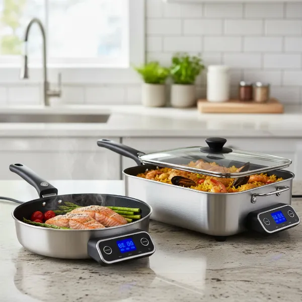 Two electric skillets, 12-inch and 16-inch, side-by-side for comparison.