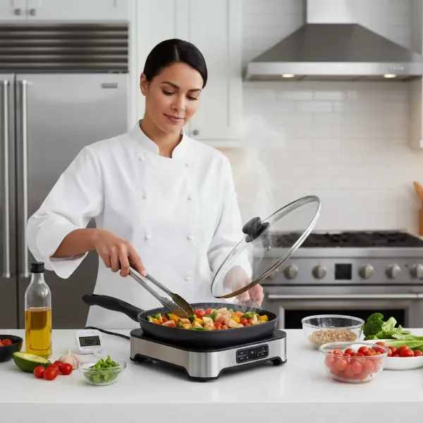 Chef safely cooking in an electric skillet with high smoke point oil, no smoke