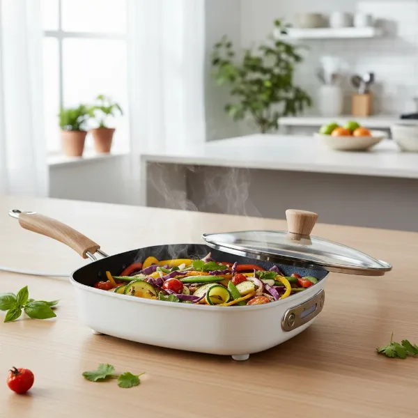 Electric skillet cooking a summer meal, keeping kitchen cool