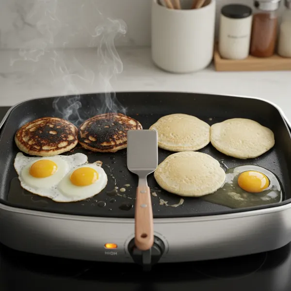 Electric skillet cooking food unevenly, with burnt and undercooked areas visible