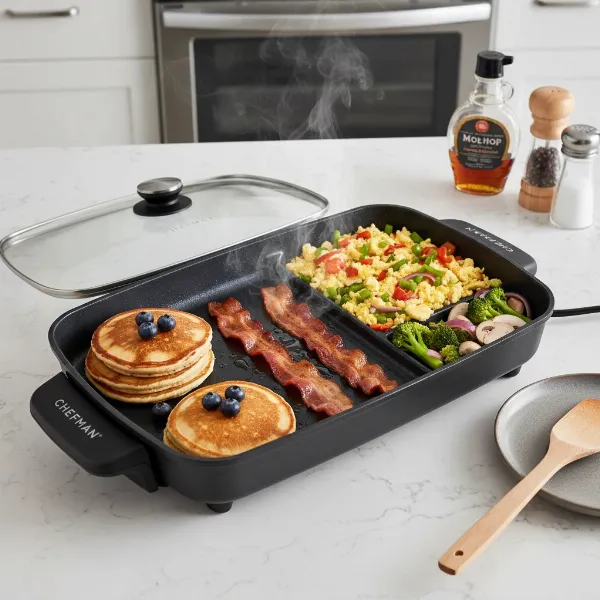 Various foods cooking simultaneously in a large electric skillet, demonstrating versatility.