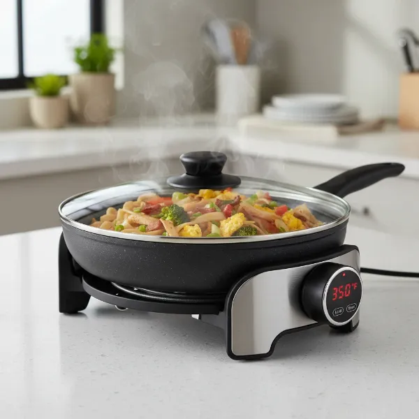 An electric skillet in action, cooking a versatile meal on a small countertop.