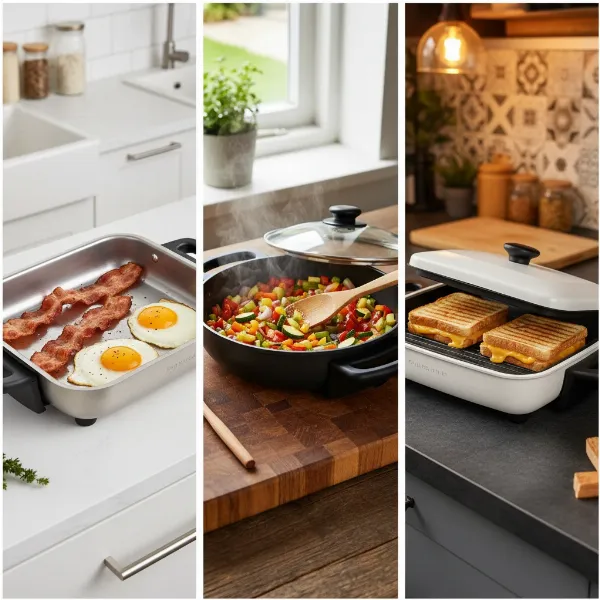 Diverse electric skillets cooking various foods, showcasing versatility and different shapes