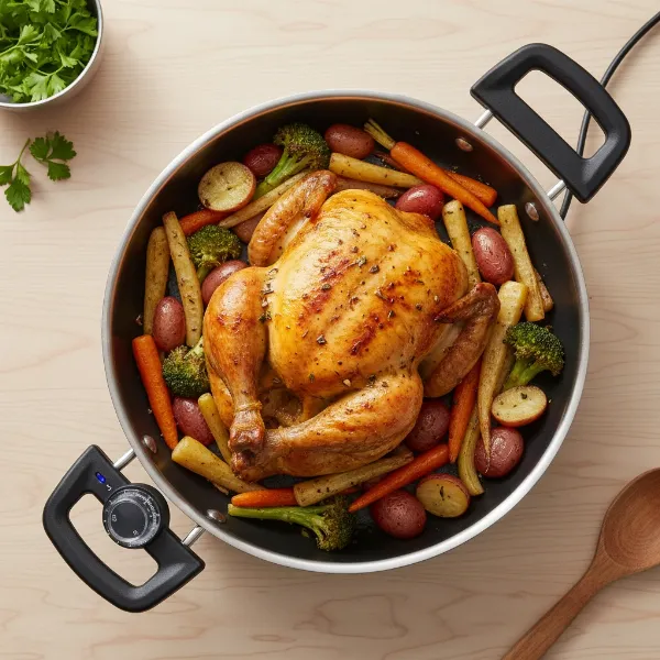 Elite Gourmet electric skillet demonstrating versatile cooking for a family, showcasing its non-stick surface and temperature control.