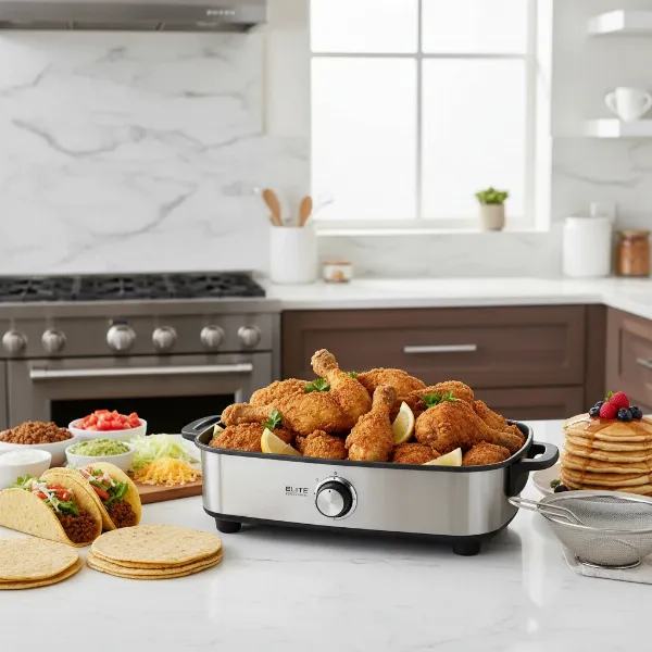 Elite Platinum 8-quart electric skillet filled with a large family meal, ready to serve.