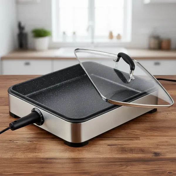 Close-up of Elite Platinum 8-quart rectangular electric skillet, highlighting its deep sides.