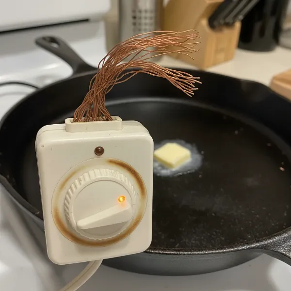 Close-up of a damaged or faulty temperature control unit for an electric skillet.
