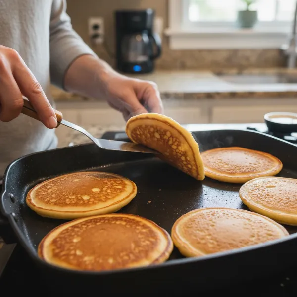 Hand using thin spatula to gently flip a golden-brown pancake on an electric skillet surface.