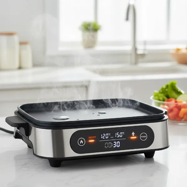 Habor electric skillet demonstrating fast heating technology with a quick preheating indicator.