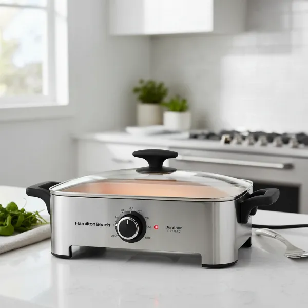 Hamilton Beach Durathon ceramic skillet with clear lid on kitchen counter, showing nonstick surface.