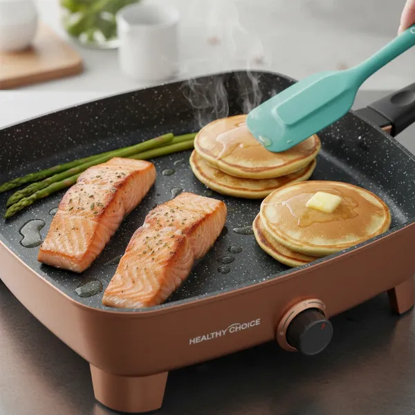 A PFOA-free Healthy Choice electric skillet cooking healthy food with minimal oil.