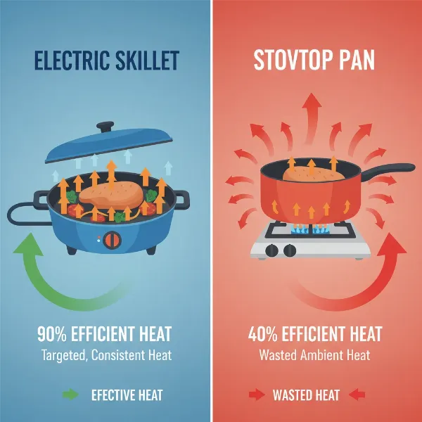 Visual comparison of heat efficiency: electric skillet with contained heat versus stovetop pan with significant heat loss.