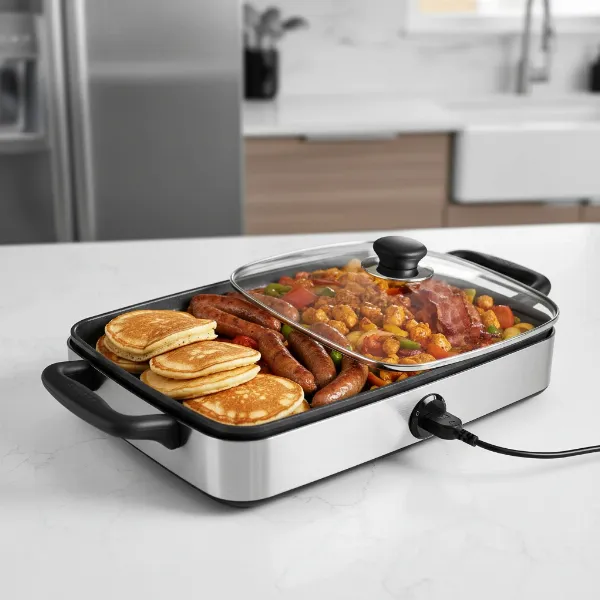 large electric skillet on a kitchen counter with food