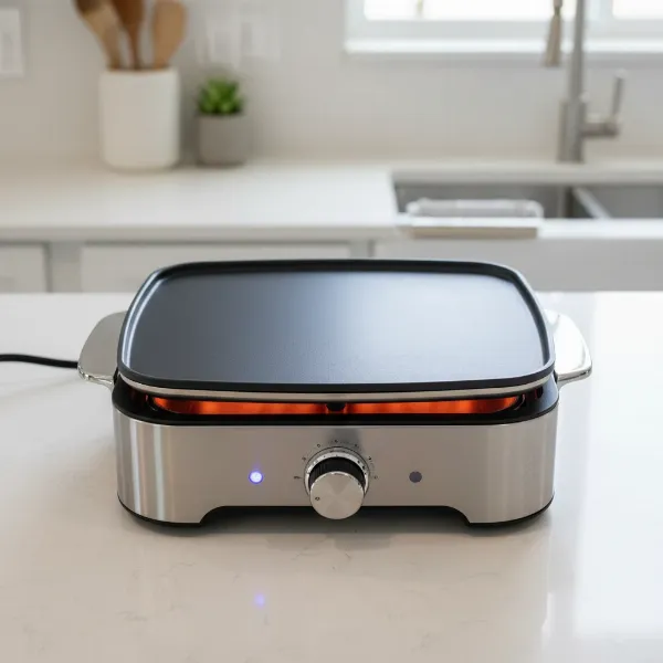 Large electric skillet heating up, ready for cooking golden, fluffy pancakes for breakfast.