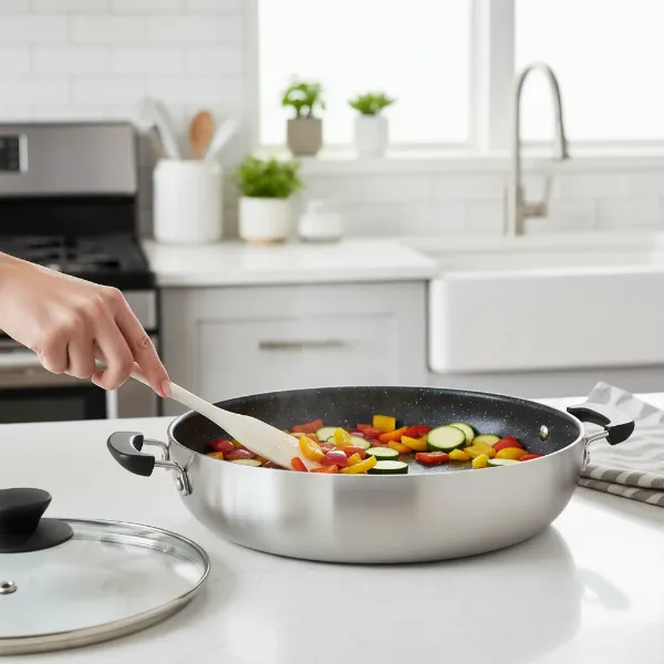 A lightweight, non-stick aluminum electric skillet sautéing vegetables quickly
