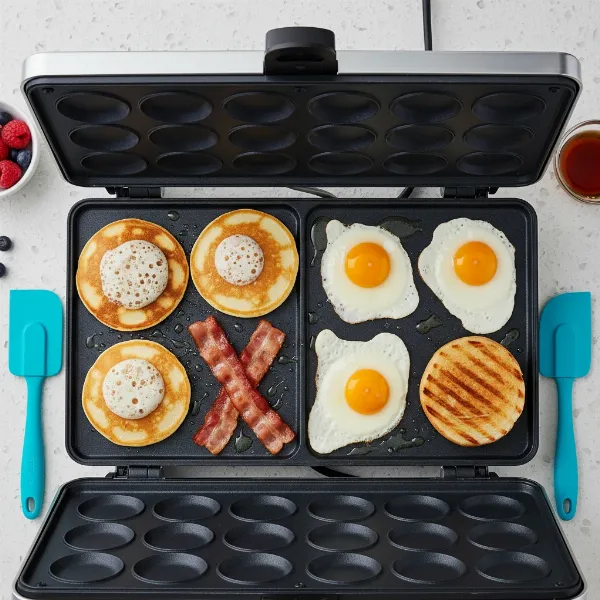 Liven electric skillet open flat, cooking a diverse breakfast simultaneously on both griddle plates.