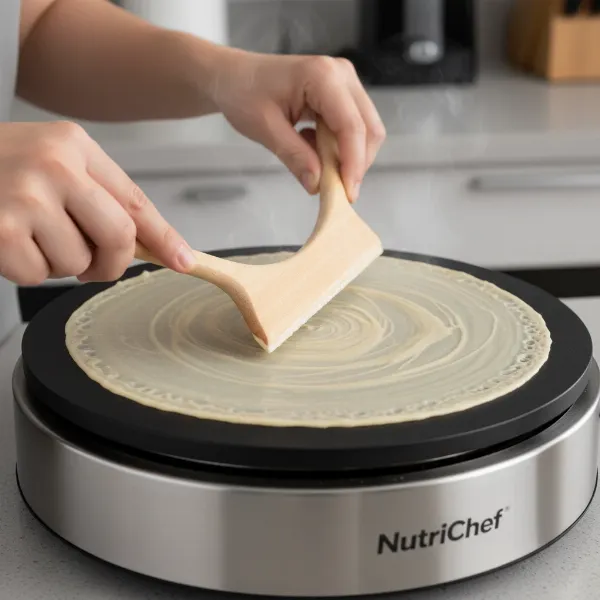 Hands using a wooden spreader to make a thin crepe on a NutriChef electric griddle.