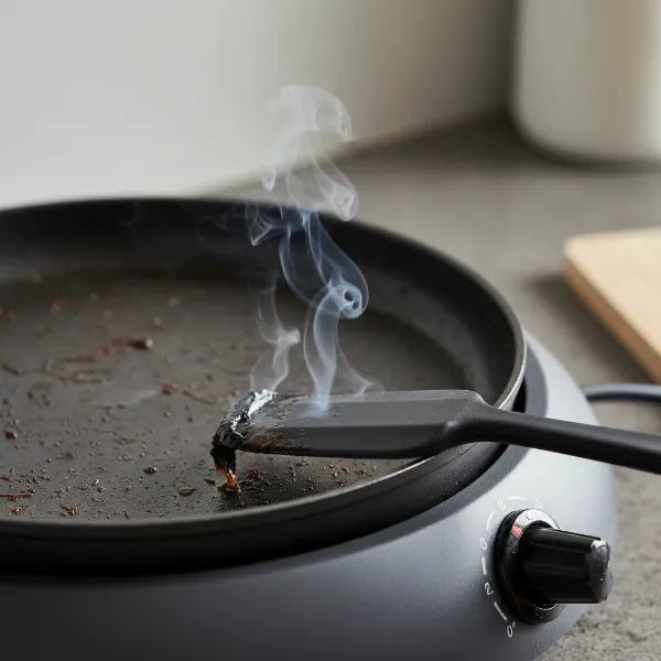 A plastic spatula with a melted tip resting on the hot surface of an electric skillet, causing smoke.