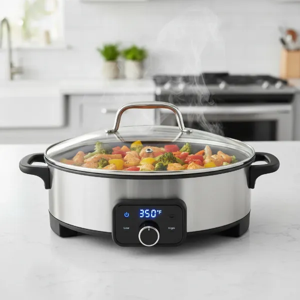 Modern electric skillet with non-stick coating on a kitchen counter, cooking a meal.