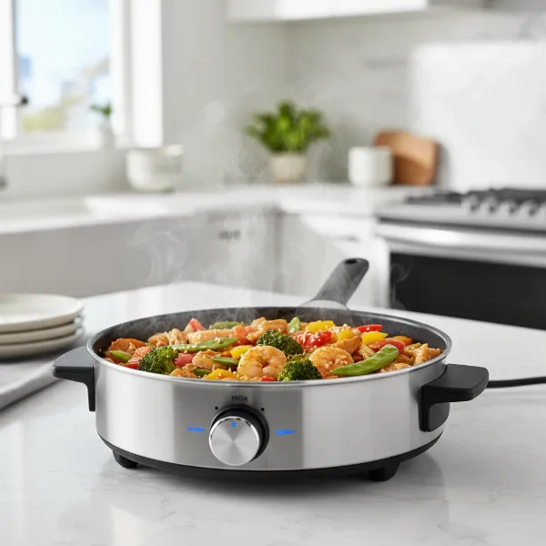 A modern electric skillet actively cooking a stir-fry on a kitchen countertop