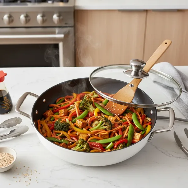 A modern electric skillet with non-stick surface cooking a meal, showing steam and a clear glass lid.