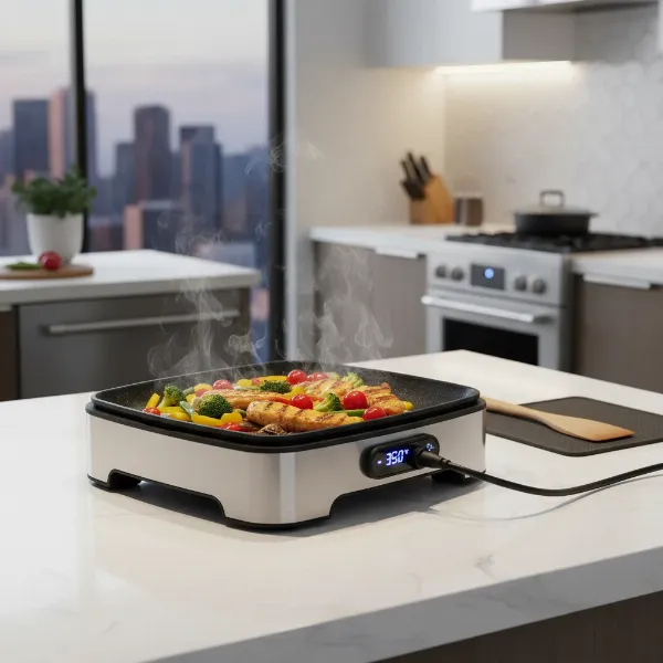 A modern electric skillet with non-stick surface cooking on a kitchen counter.
