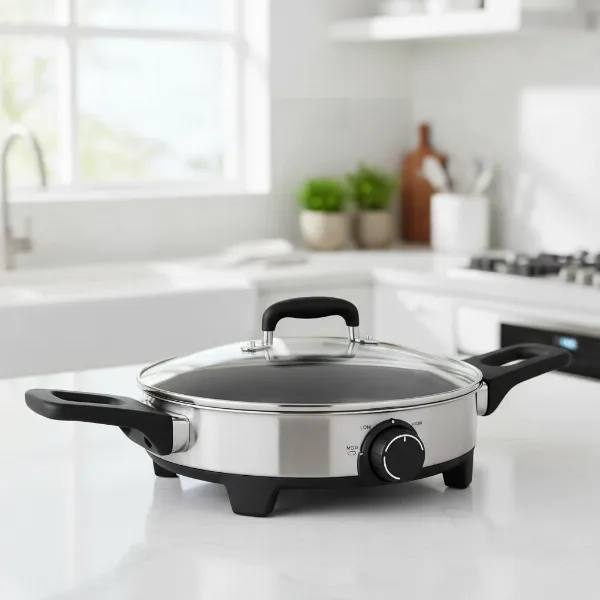 A modern electric skillet on a kitchen countertop, ready for versatile cooking tasks.