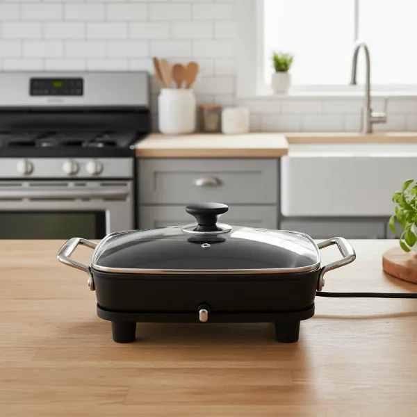 Modern electric skillet with non-stick coating and glass lid, used for versatile kitchen cooking.