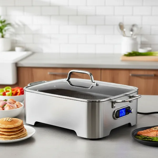 A modern electric skillet with a glass lid, detachable control, and advanced features.