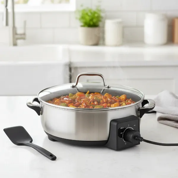 A sleek, modern electric skillet on a kitchen counter with food gently simmering inside.