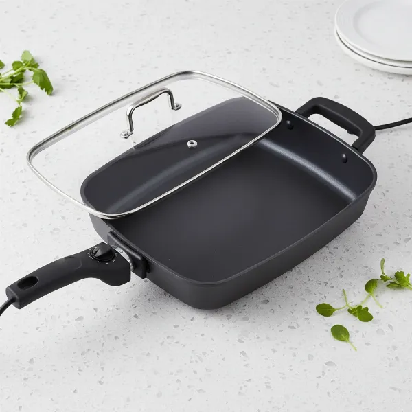 Moss & Stone electric skillet with lid, showing nonstick surface and temperature control.