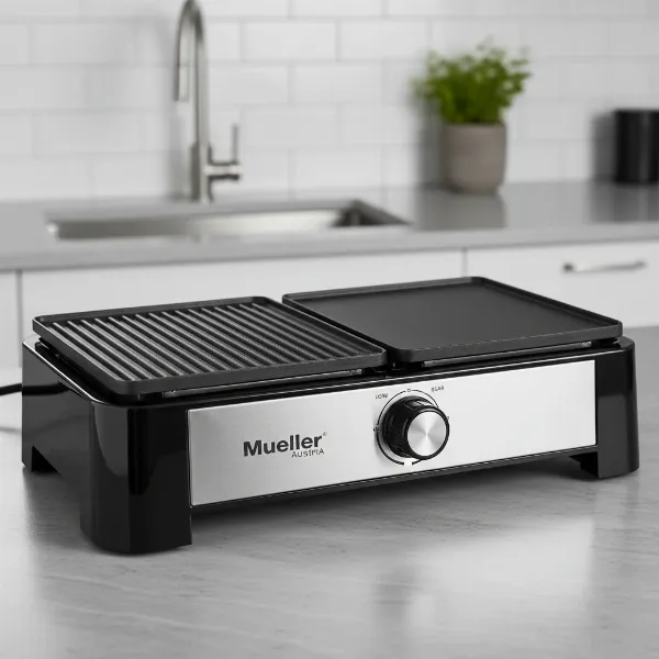 Mueller Austria Ultra-Gourmet electric grill and griddle combo on a kitchen counter