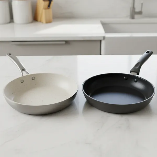 Side-by-side comparison of a ceramic-coated and a traditional PTFE non-stick skillet.