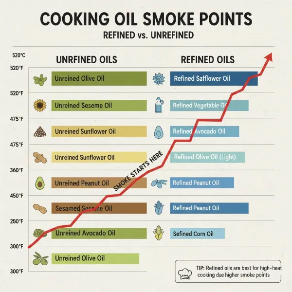 Graphic illustrating smoke points of refined vs unrefined cooking oils for safe cooking