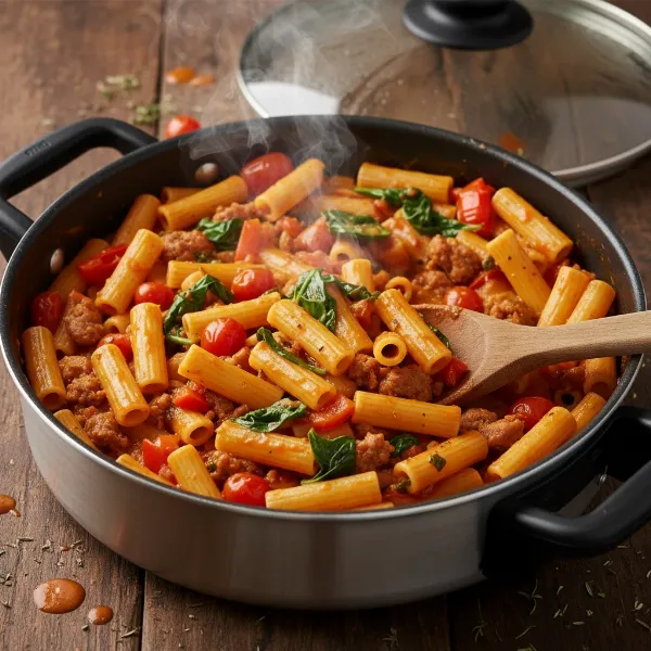 Delicious one-pot pasta dish simmering in an electric skillet, showcasing creamy sauce and ingredients.