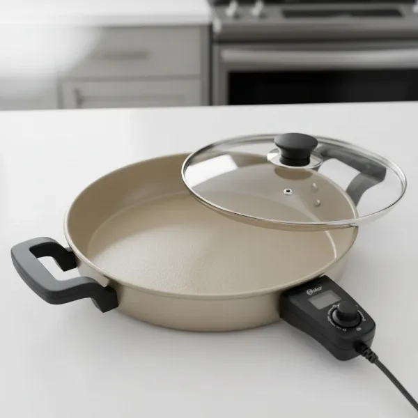 An illustrative shot of the Oster Titanium Infused DuraCeramic Electric Skillet with its various features highlighted.
