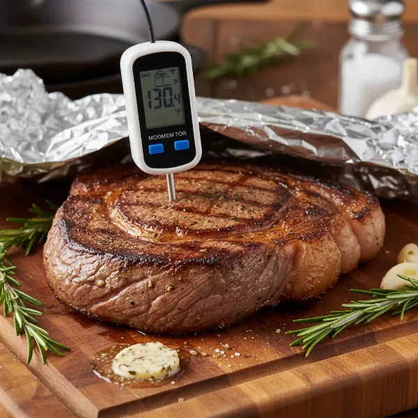 A perfectly seared medium-rare steak resting on a cutting board.