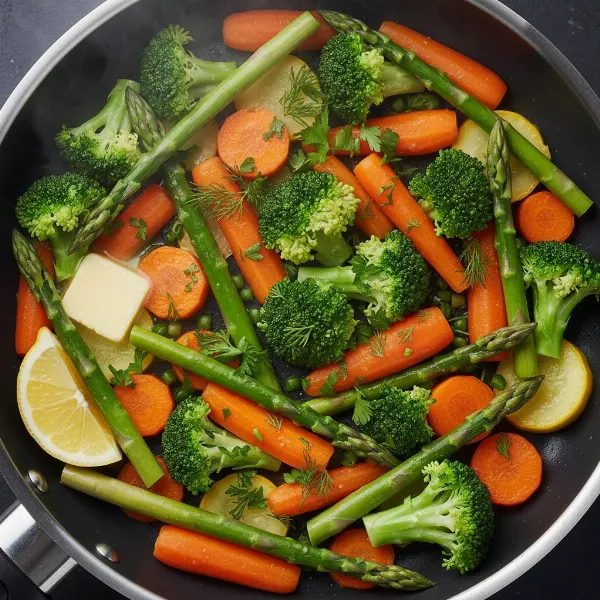 A vibrant, close-up view of perfectly steamed mixed vegetables ready to be served from an electric skillet.