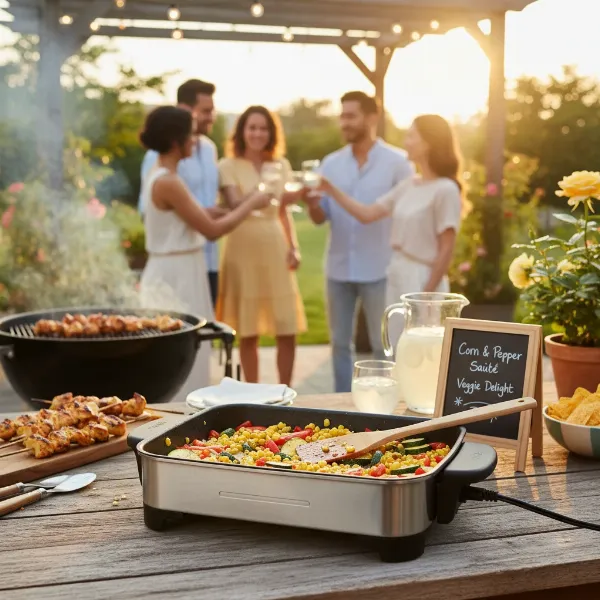 Portable electric skillet used outdoors on a patio for entertaining