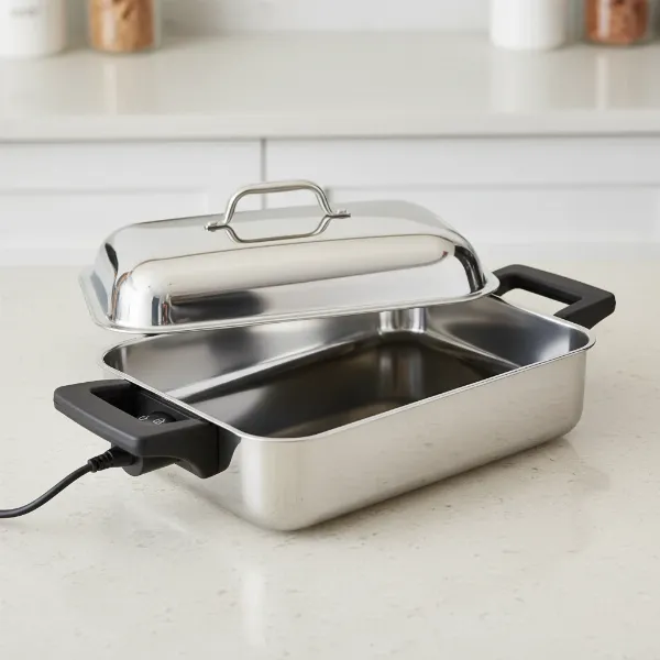 Close-up of Precise Heat 16-inch rectangular electric skillet showing stainless steel, lid, control