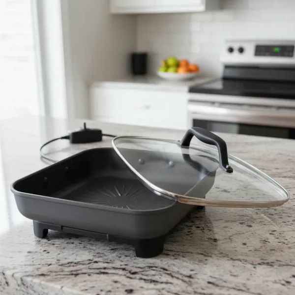 Close-up of Presto 11-inch electric skillet, showcasing its compact design and high sidewalls.