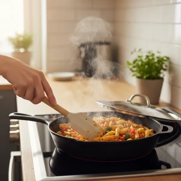 Hand gently stirring pasta in a skillet on a stove, with steam rising from the food.