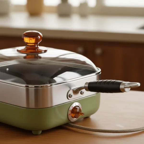 Close-up of a retro electric skillet showing classic design elements like a rounded shape and a glass lid with a prominent knob.