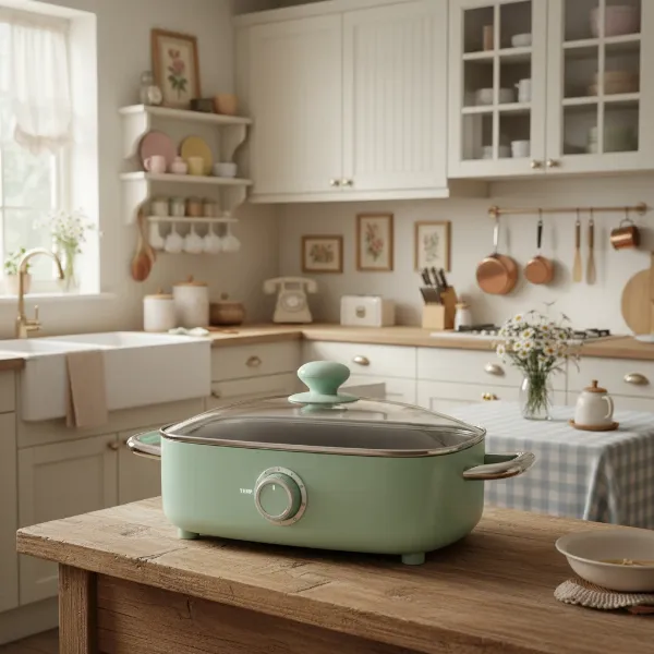 A mint green retro electric skillet sitting on a wooden countertop in a charming vintage kitchen.