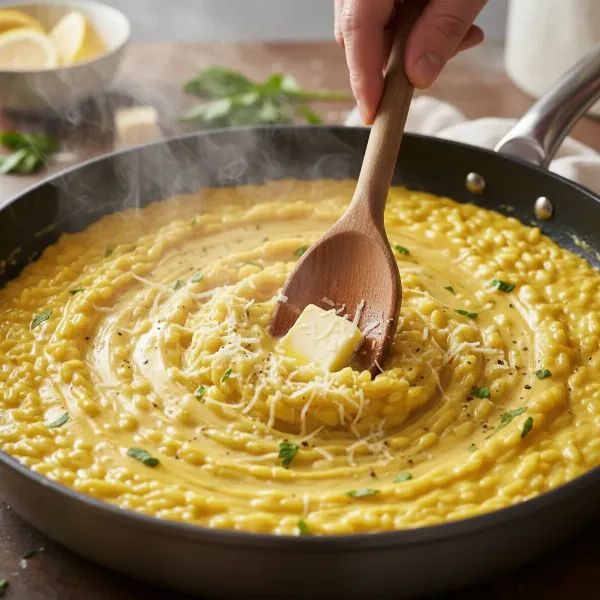 Close-up of creamy risotto being finished with butter and Parmesan for a luxurious texture