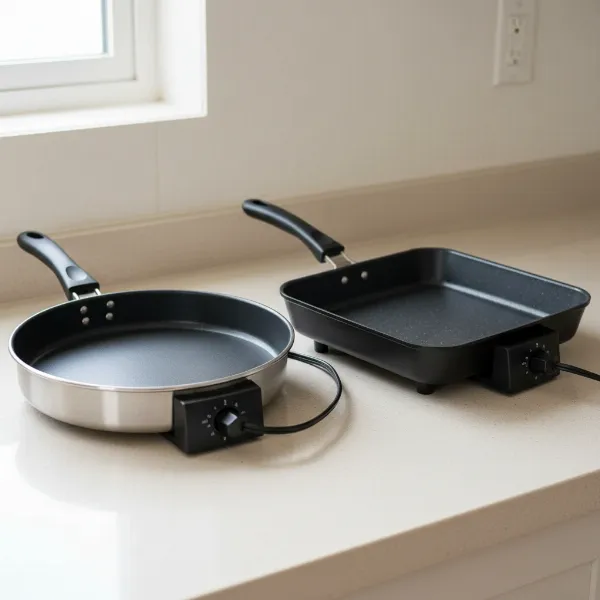 Comparison of a round and a square electric skillet, highlighting shape differences.