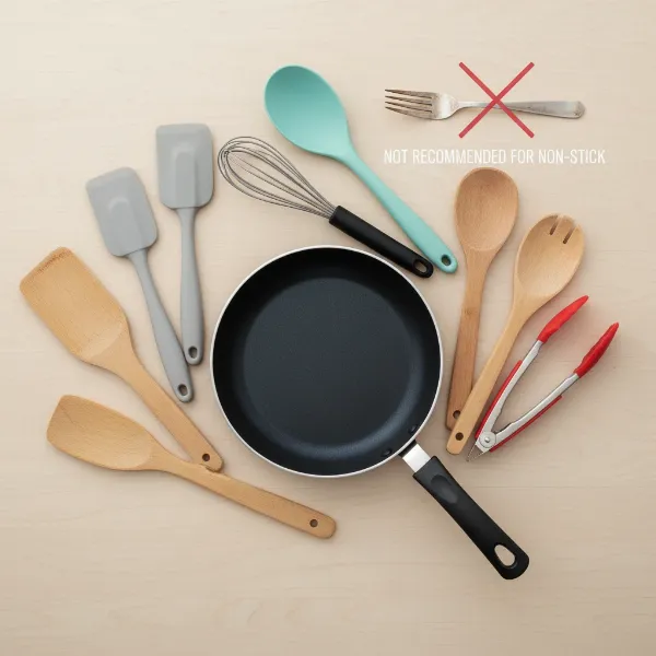 Assortment of safe cooking utensils like silicone, wood, plastic for non-stick pans.
