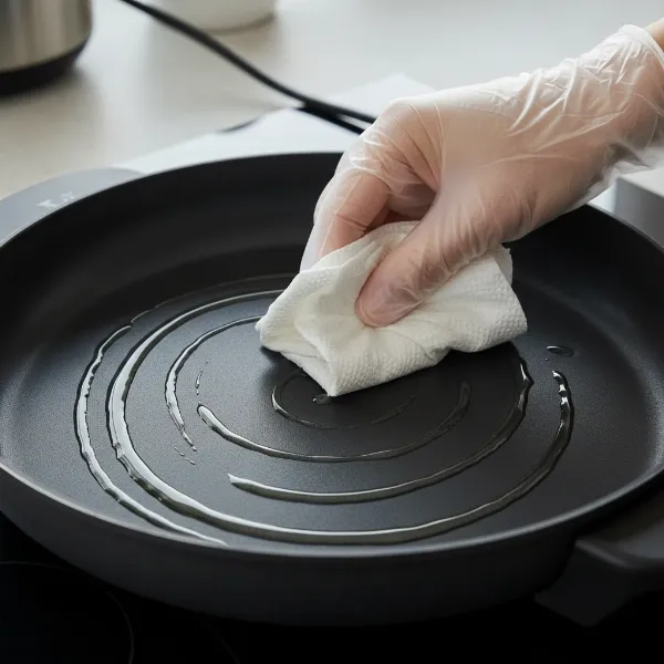 A hand gently rubs a thin layer of cooking oil onto a non-stick electric skillet with a paper towel.