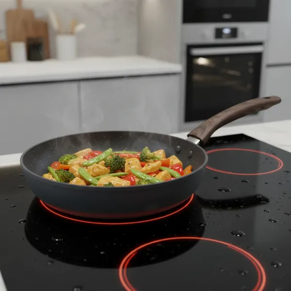 Sensarte nonstick deep pan cooking on a modern electric stovetop with food inside.